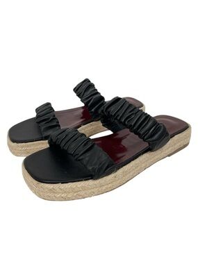 Staud Maya Square Toe Black Leather Sandals Espadrille Jute Slide Size 6 (EU 36)
